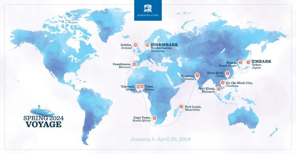Map of the planned Spring 2024 Semester at Sea voyage