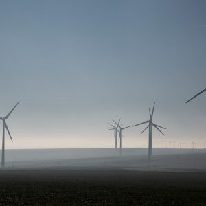 A cloudy skyline dotted with wind turbines.