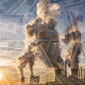 U.S. bills transparently placed behind a landscape shot of a oil rig